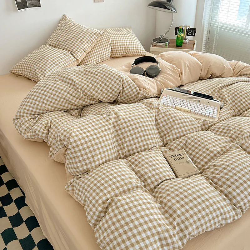Japanese Style Bedding Sheet Set No Filler Striped Grid Minimalist Duvet Cover Pillowcase Double Queen Washed Cotton Bed Linens