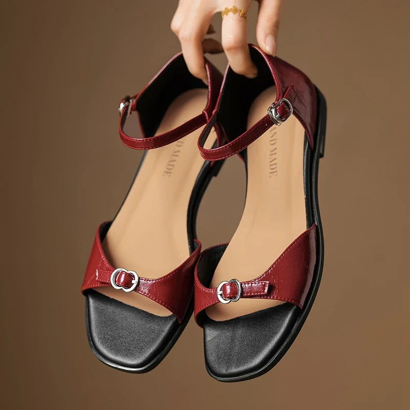 cowhide retro elastic low Heel