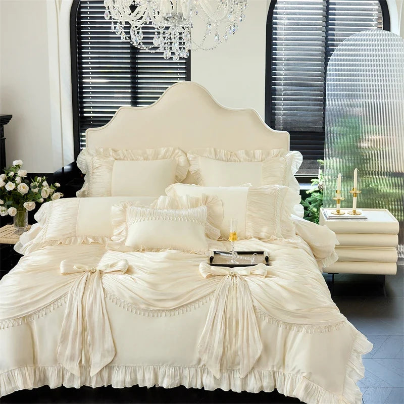 1000TC Egyptian Cotton Vintage French Palace Style Pleated Lace Ruffles Bow Bedding Set