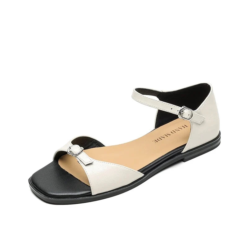 cowhide retro elastic low Heel
