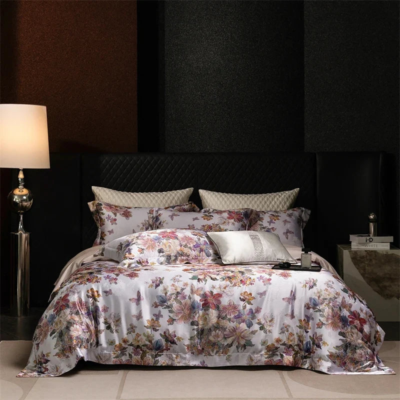 Luxury Blooming Flowers Satin Jacquard 1000TC Egyptian Cotton Bedding Set