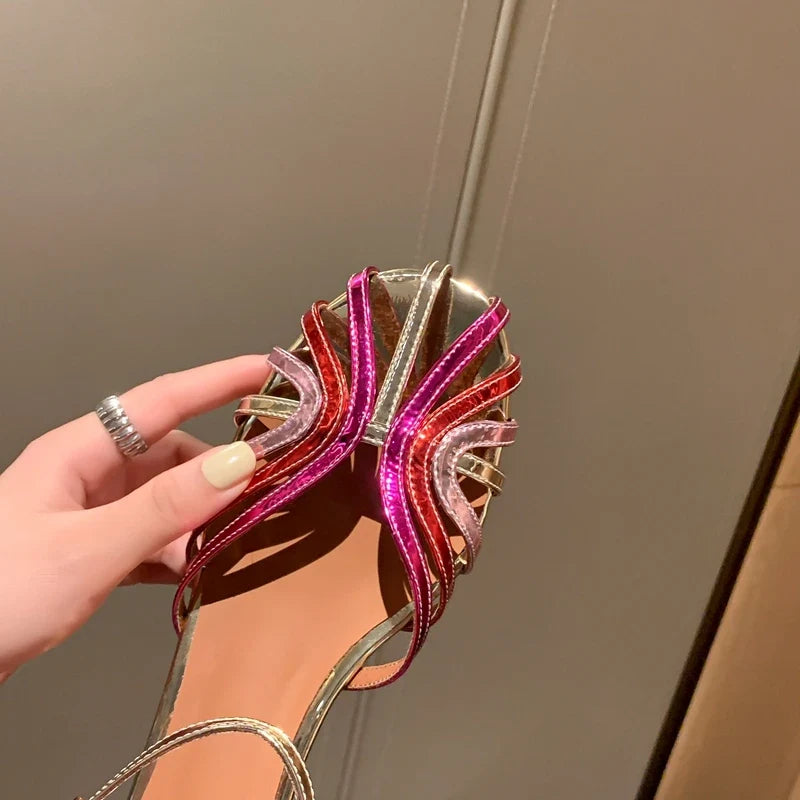 leather and cowhide color blocked comfortable and breathable mid heeled hooded Roman sandals