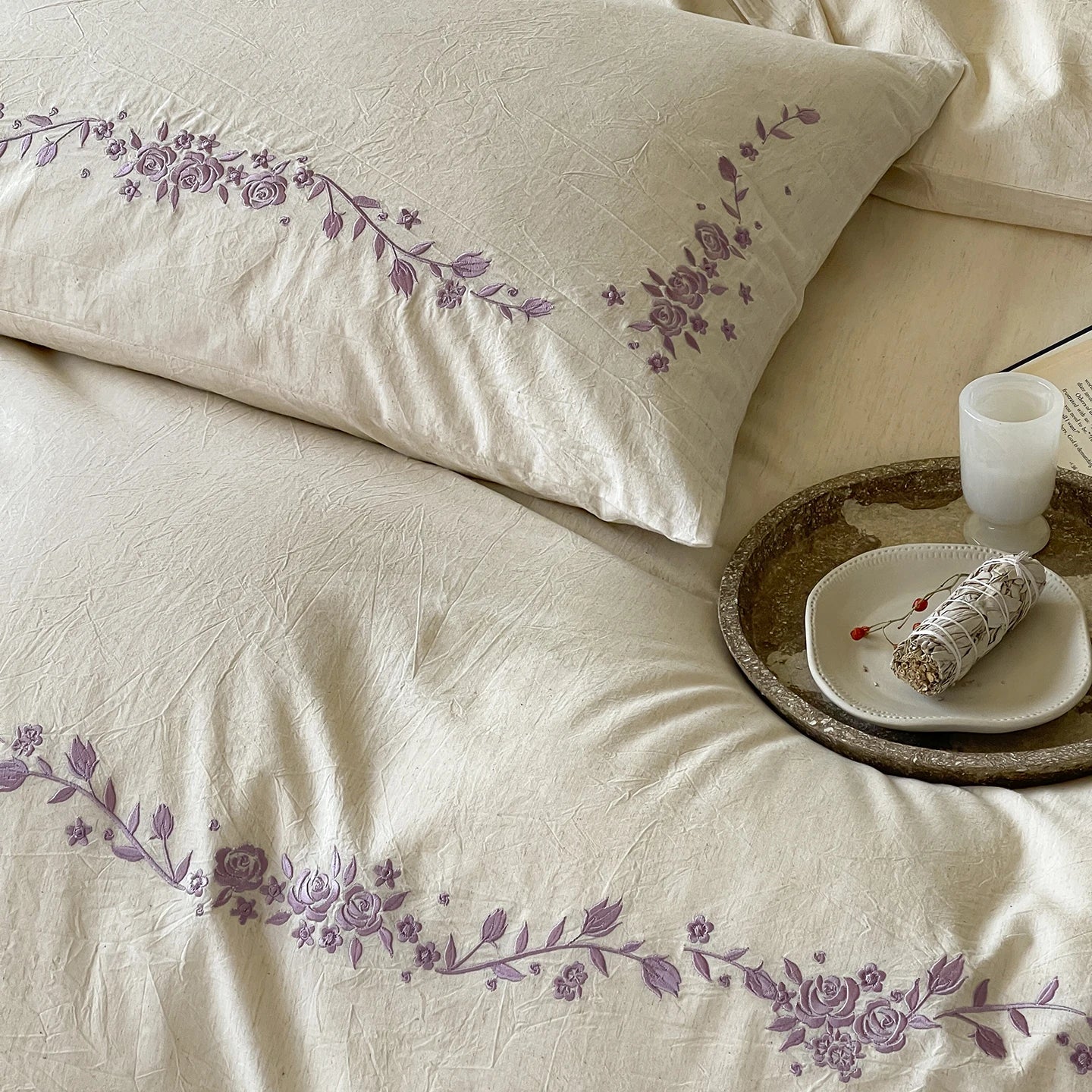 Natural Cotton Linen Blend Elegant Flowers Embroidery Luxury Bedding Set