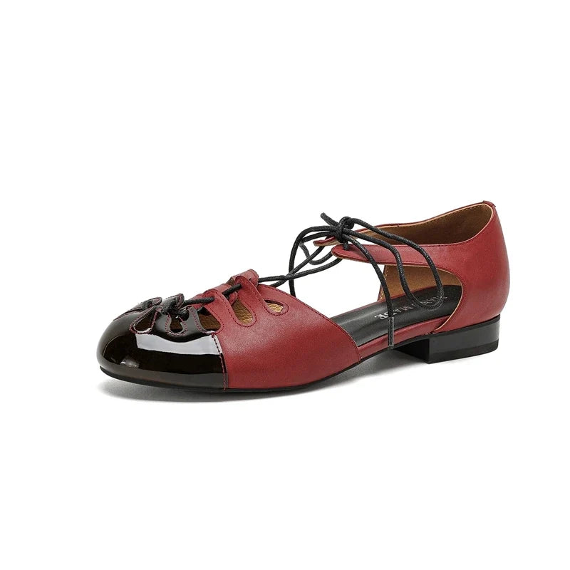 leather cowhide lace up low Heel