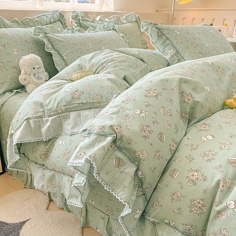 Korean Princess Style Rose Floral Ruffle Bedding Set
