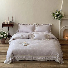 Vintage French Double Layer Lace Ruffles Linen Cotton Jacquard Bedding Set