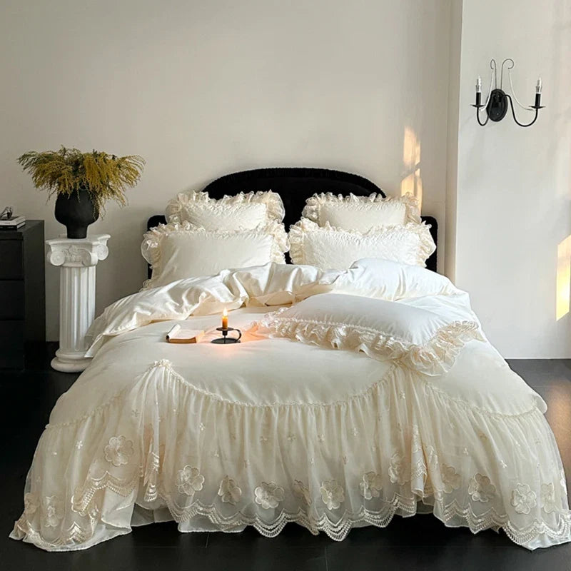 4Pcs Pink Romantic Lace Ruffles Princess Wedding Bedding Set