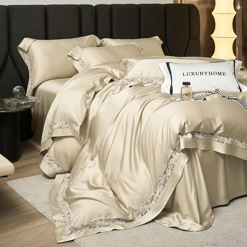 1000TC Lyocell Cotton Hollow Flowers Wide Edge Luxury Bedding Set