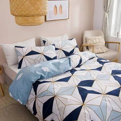 Brushed Print Blue Golden Diamond Duvet Cover Set Geometric Pattern Bedding Set