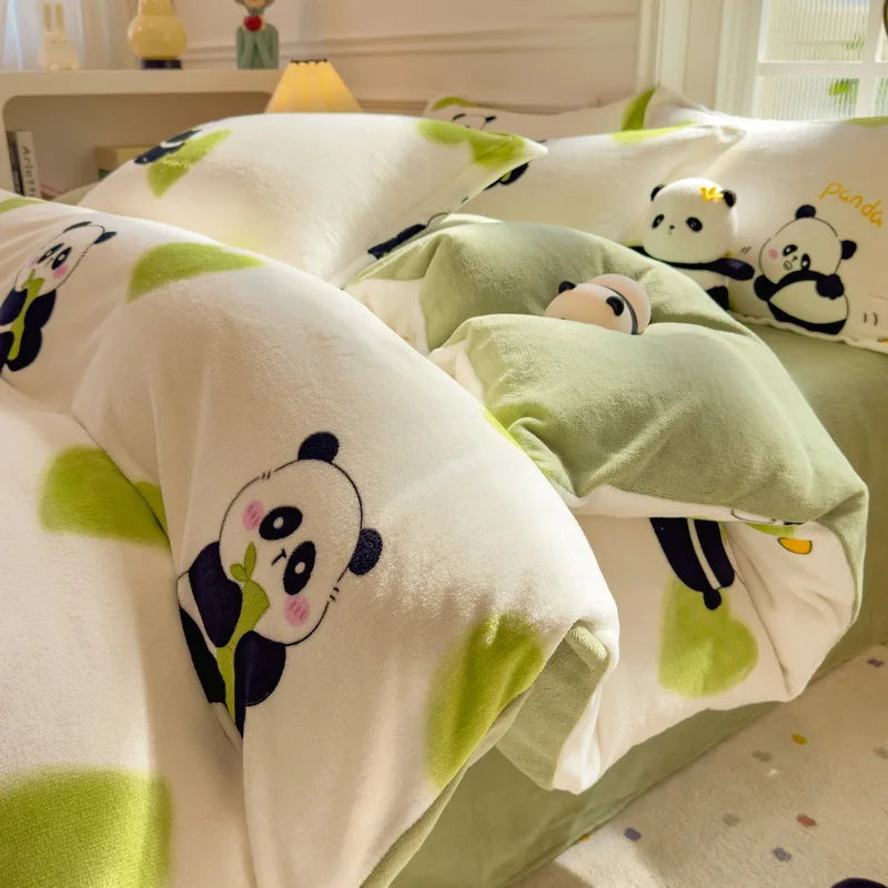 Cartoon Print Milk Velvet Duvet Cover Set Sheet Pillowcase Winter Plush Comforter Cover Set Home Textile Queen King Bedding Set