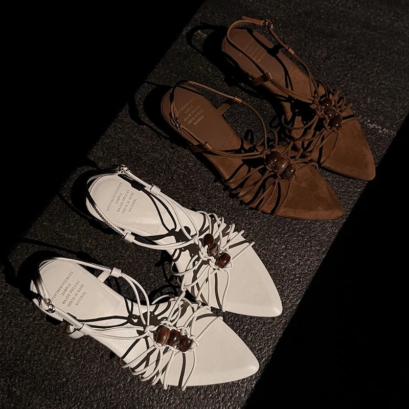 leather cowhide bead weaving hollow breathable elastic buckle mid Heel