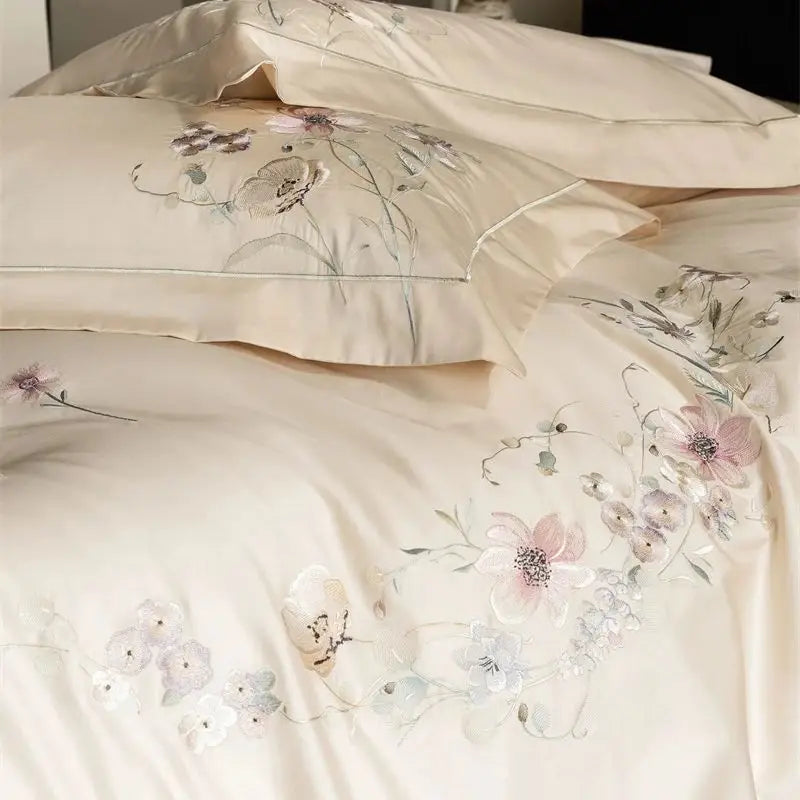 1000TC Egyptian Cotton Elegant Flowers Embroidery Luxury Bedding Set