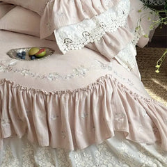 French Large Lace Ruffles Floral Butterfly Embroidery Linen Cotton Bedding Set