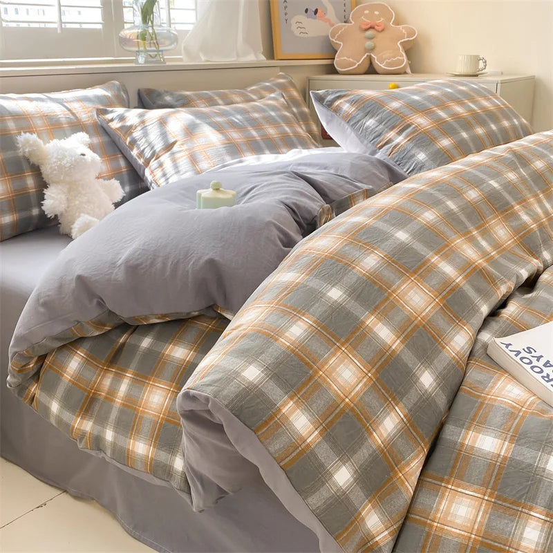 3/4 Pcs Blue Checkered Bedding Set
