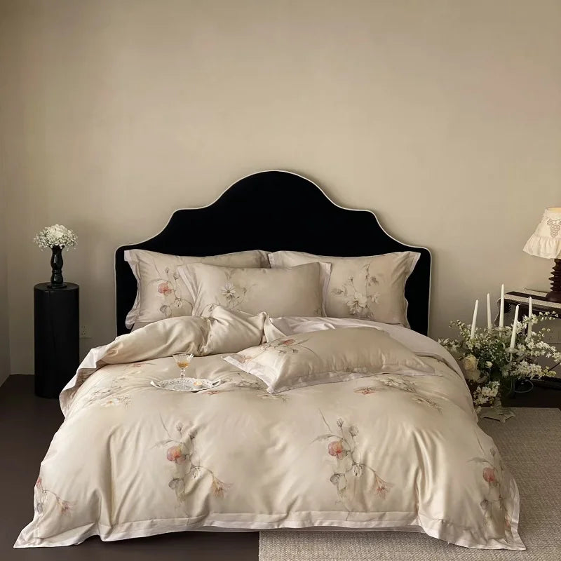 Luxury Lyocell Cotton Bedding Set, Watercolor Floral Print, Silky Soft Cooling Duvet Cover Set Flat/Fitted Sheet Pillowcase 4Pcs
