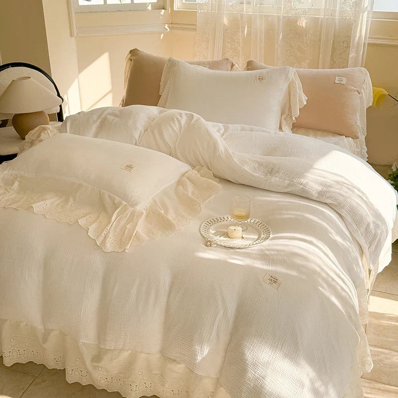 Vintage French Lace Ruffles 100% Cotton Double Yarn Soft Comfortable Bedding Set