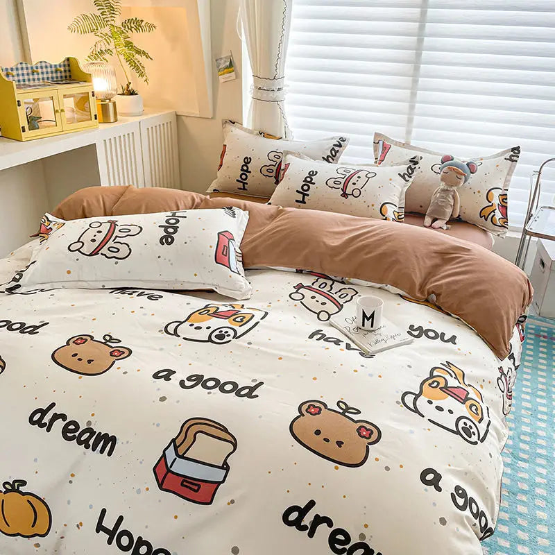 Ins Bear Duvet Cover Set with Zipper Fashion Girls Boys Kids Flat Bed Sheet Pillowcases No Filler Single Queen Size Bedding Set