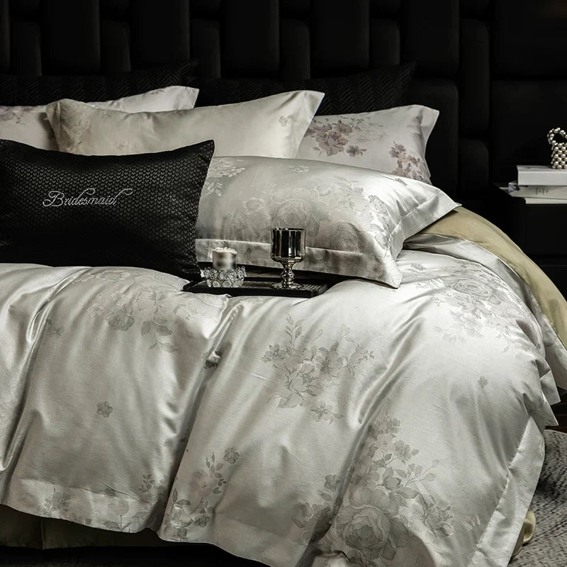600TC Lyocell Cotton Flowers Jacquard Soft Silky Bedding Set