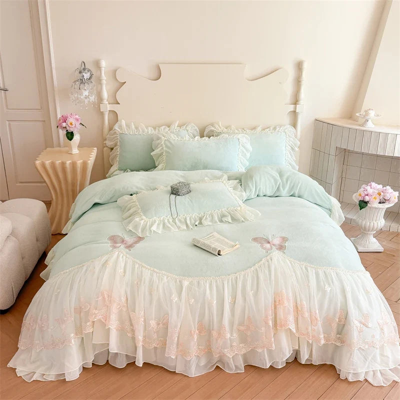 Butterfly Embroidery Lace Ruffles Princess Bedding Set
