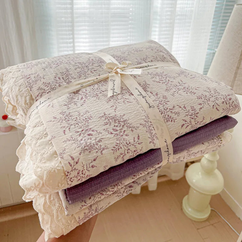 4pcs Floral Printed Duvet Cover Set Korean Lace Bedding Set