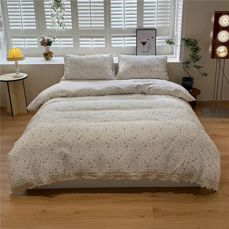 3/4Pcs Korean Princess Flower Print Lace Bedding Set