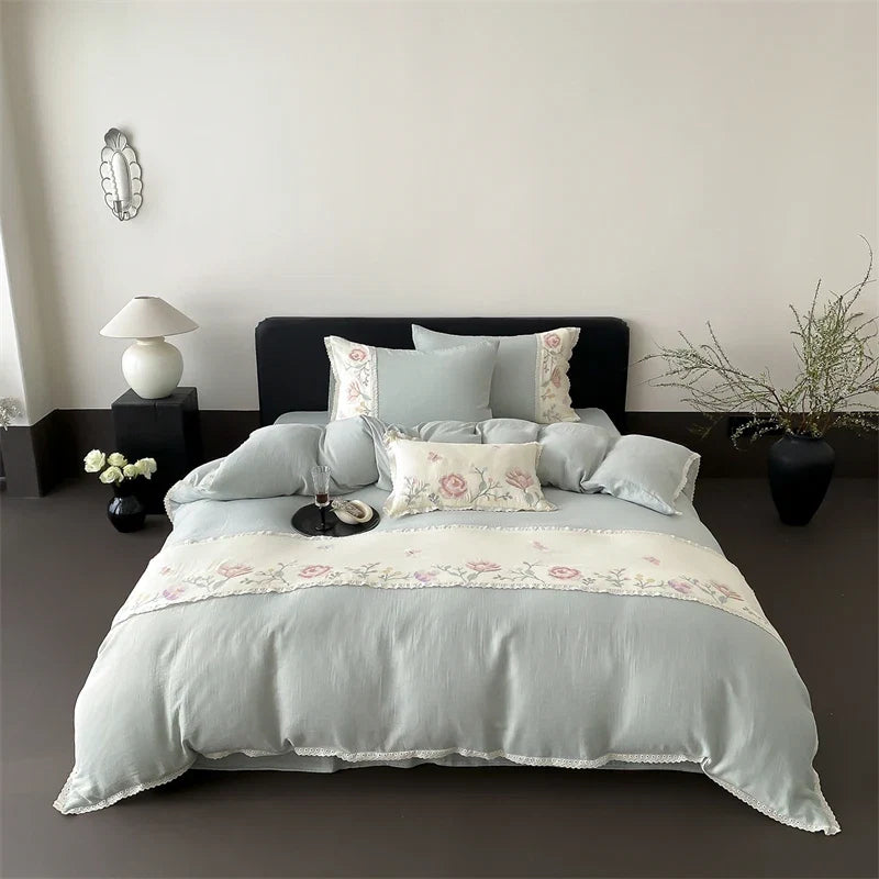 Pink Flowers Embroidery Lace Bedding Set