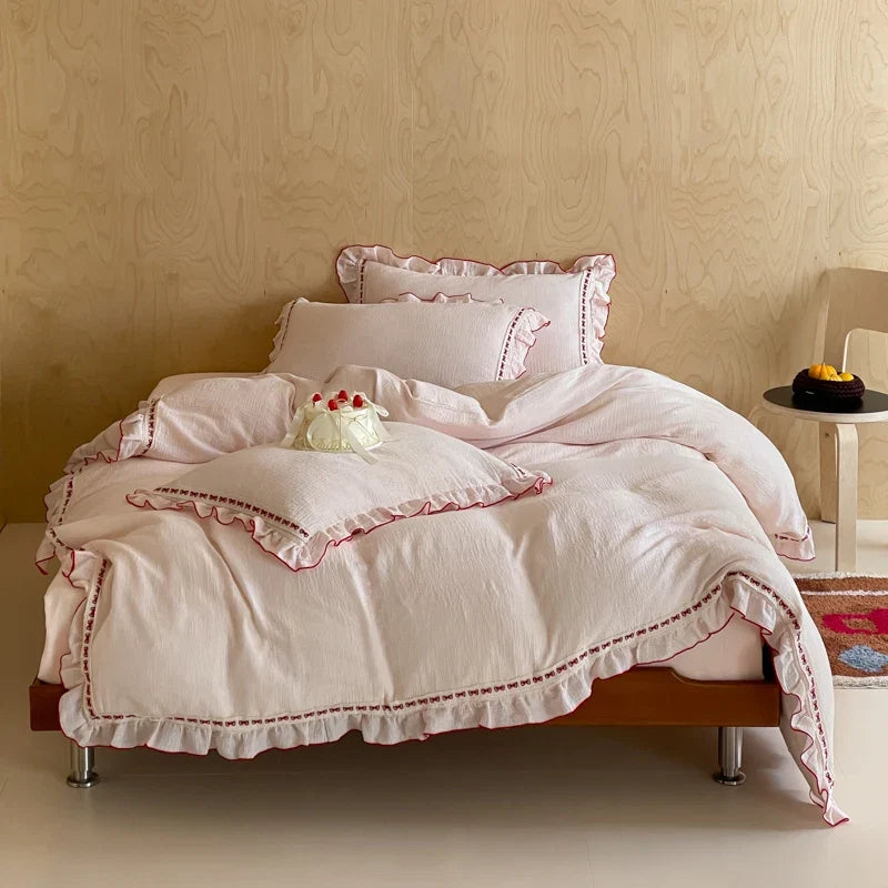 100% Cotton Double Yarn Bedding Set, Soft Ruffle Duvet Cover with Pillowcases, Queen King Size Pink Bed Linen for Girls Bedroom