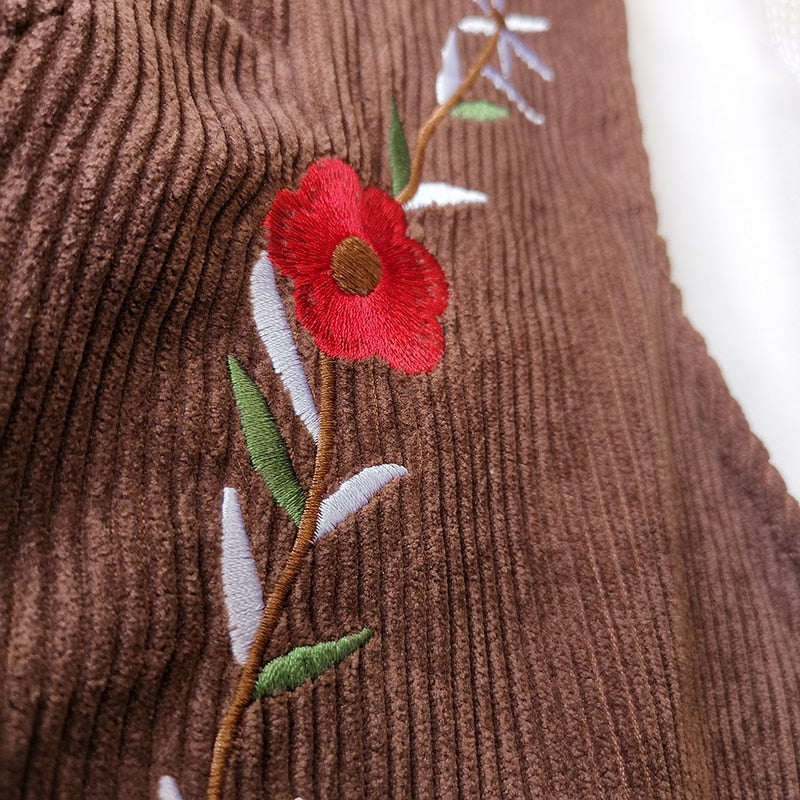 Meadow Petal Corduroy Flower Embroidered Cottagecore Dress