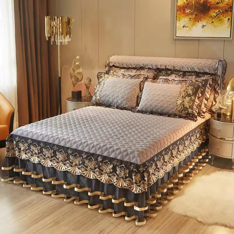European Style Winter Lace Embroidery Bed Skirt Set High Quality Thickened Bed Cover Bedding Set