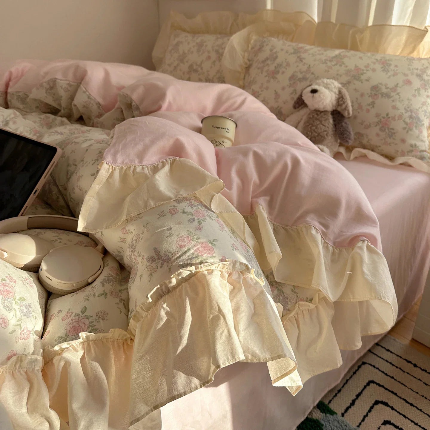 100% Cotton Korean Princess Style Floral Ruffles Bedding Set