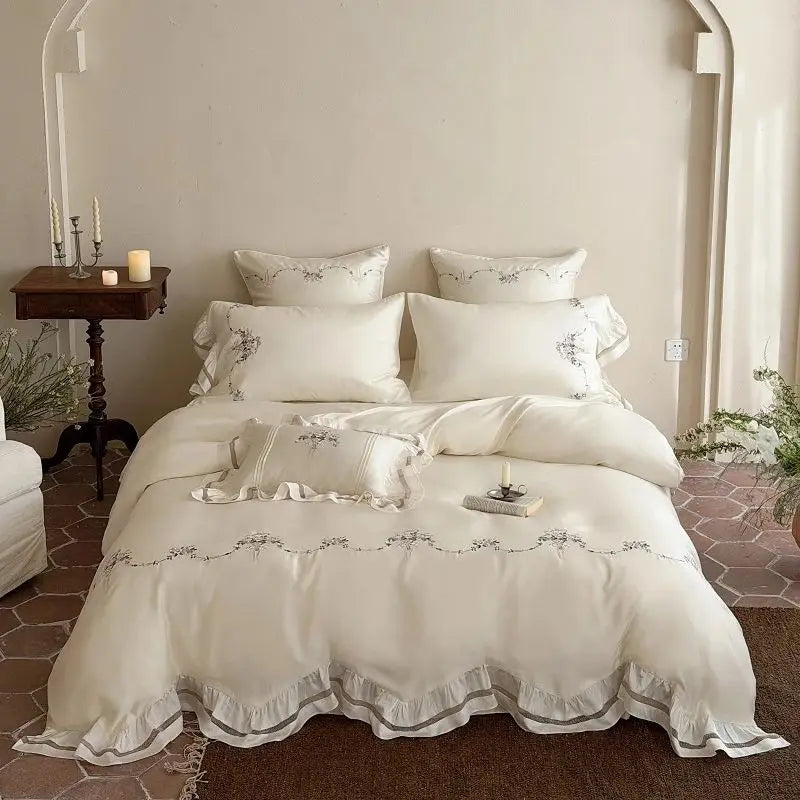 800TC Lyocell Eucalyptus Fiber Flowers Embroidery Ruffles Bedding Set