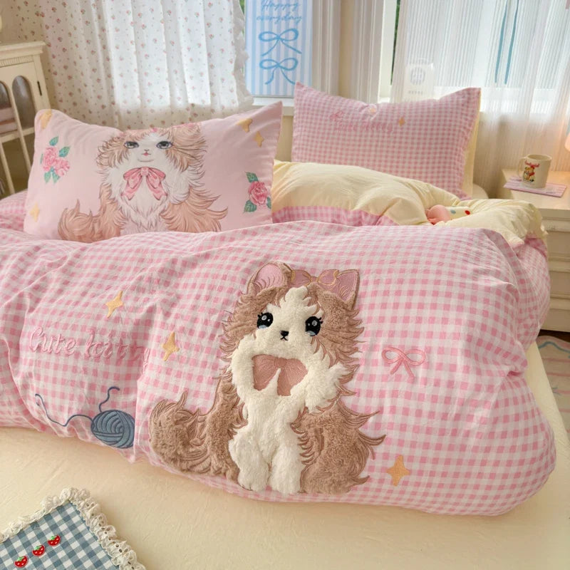 Cute Pink Cartoon Cat Bow Towel Embroidery Girls Kids Bedding Set