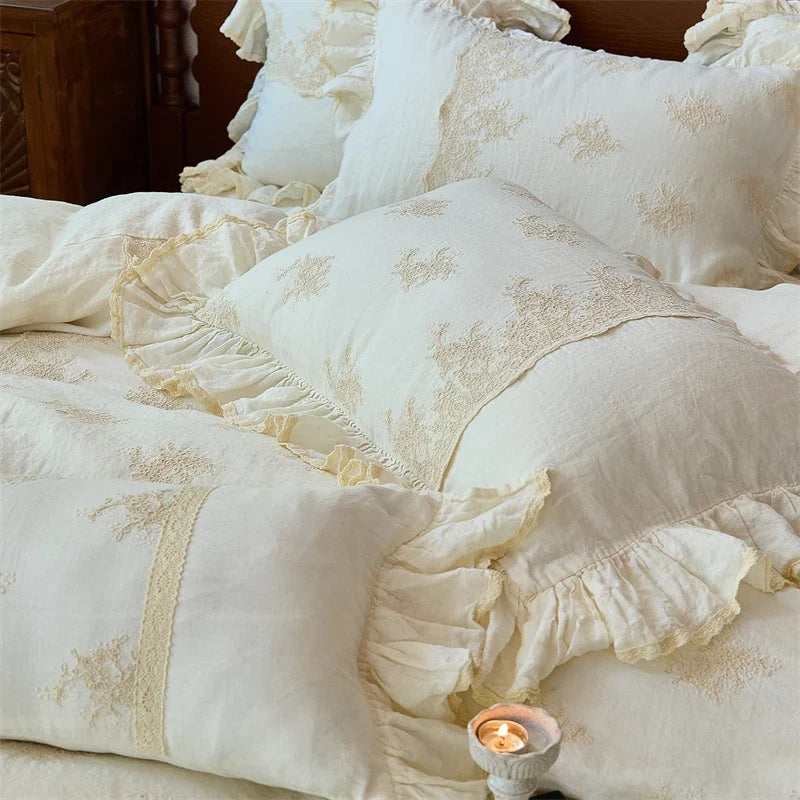 100% Pure Linen Vintage French Lace Ruffles Luxury Bedding Set