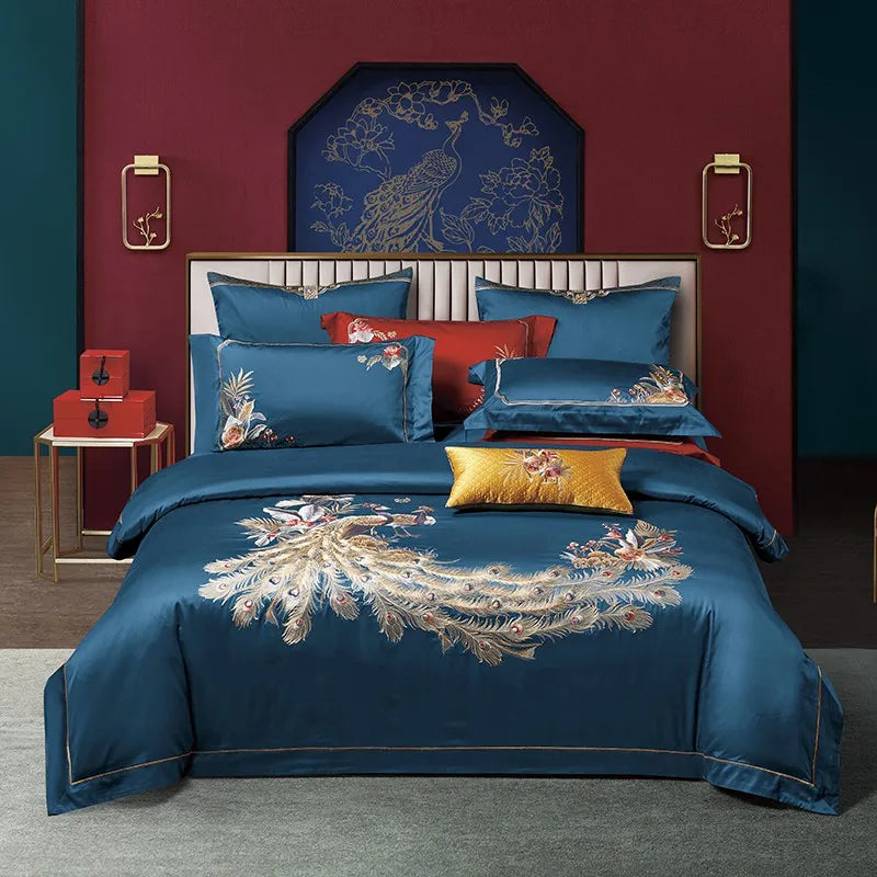 1400TC Egyptian Cotton Luxury Chinese Style Peacock Embroidery Bedding Set
