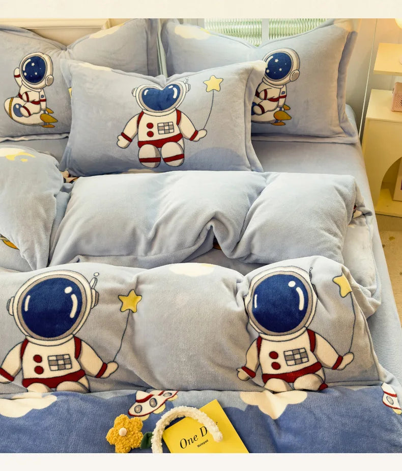 Cartoon Print Milk Velvet Duvet Cover Set Sheet Pillowcase Winter Plush Comforter Cover Set Home Textile Queen King Bedding Set