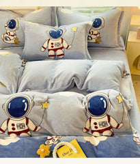 Cartoon Print Milk Velvet Duvet Cover Set Sheet Pillowcase Winter Plush Comforter Cover Set Home Textile Queen King Bedding Set