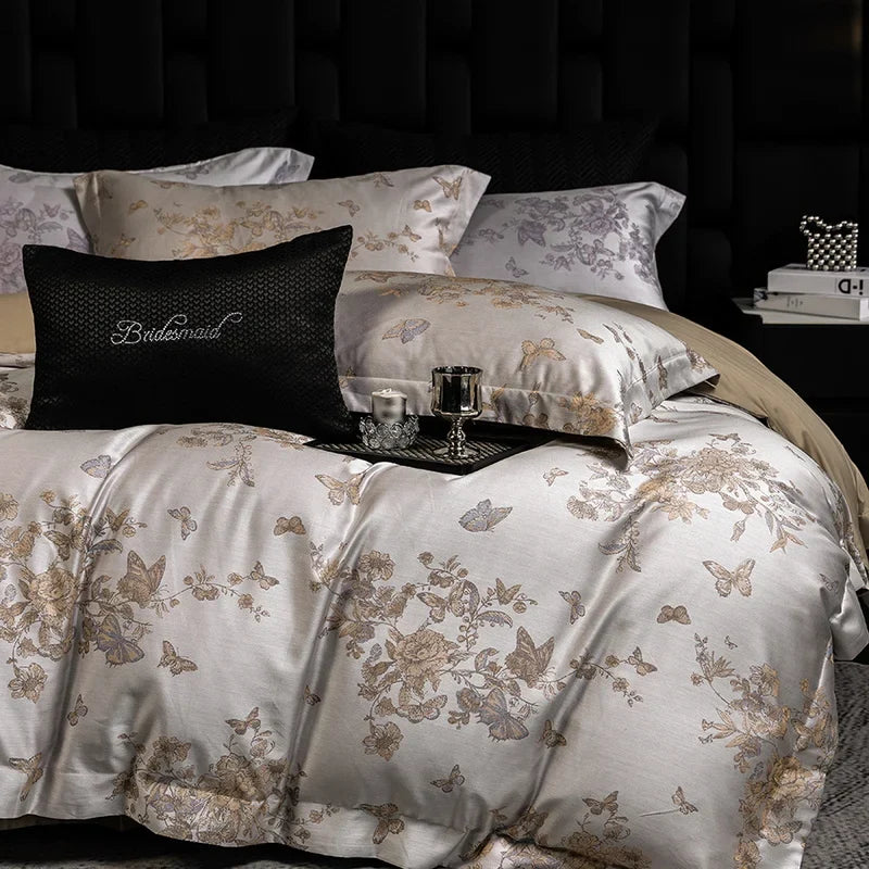 600TC Lyocell Cotton Flowers Jacquard Soft Silky Bedding Set