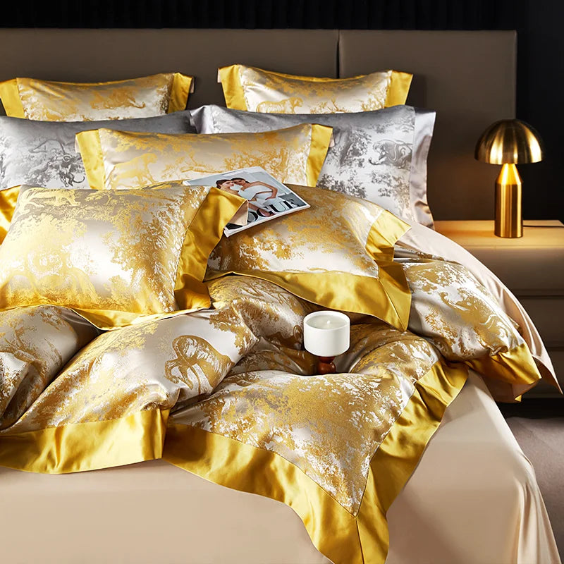 4/6Pcs Luxury Beige Gold Brocade Jacquard Egyptian Cotton Patchwork Bedding Set