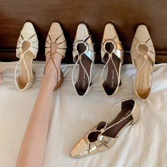 leather square toe high-heeled hollow breathable elastic band with toe cover Shoes