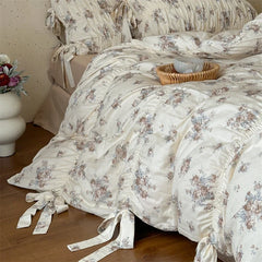 French Country Vintage Floral 100% Cotton Bedding Set, Ruched Bow Tie Duvet Cover, Shabby Chic Ruffle Bed Linen with Pillowcases