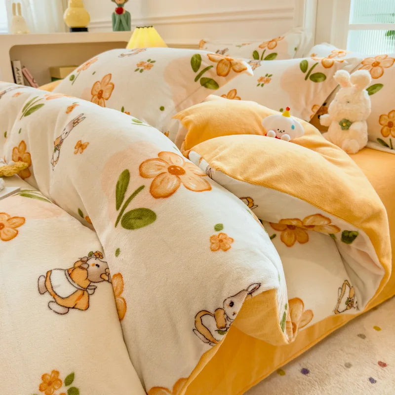 Cartoon Print Milk Velvet Duvet Cover Set Sheet Pillowcase Winter Plush Comforter Cover Set Home Textile Queen King Bedding Set