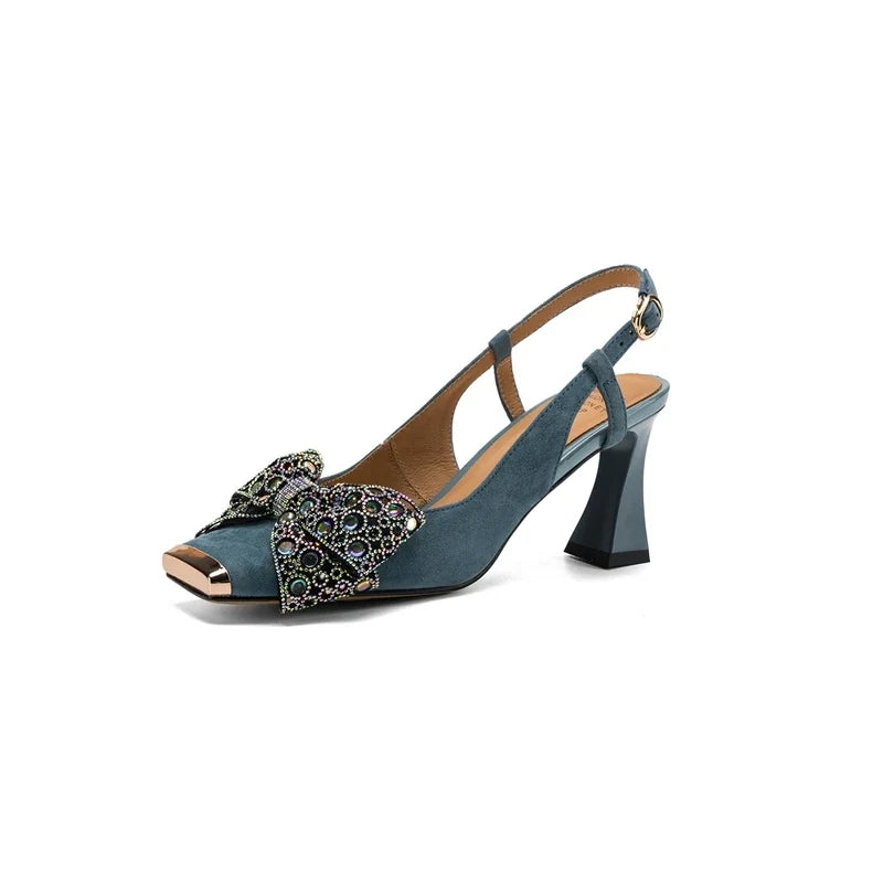 metal square head sheep suede colored bow elastic high Heels