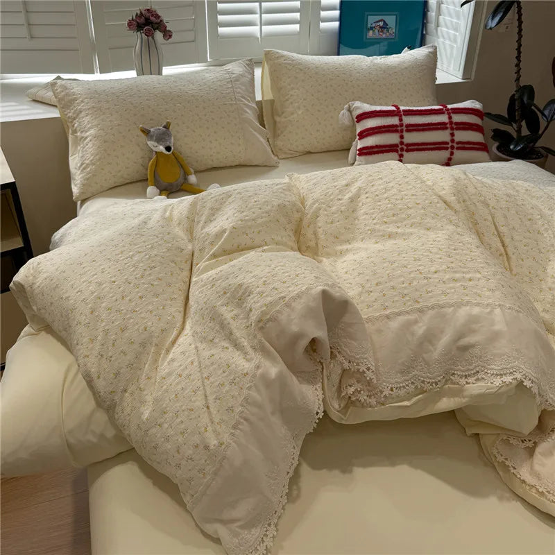3/4Pcs Korean Princess Style Floral Ruffles Soft Bedding Set