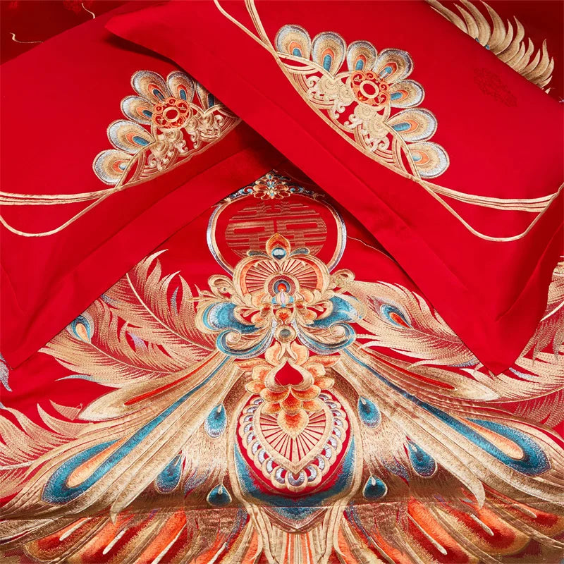 Chinese Style Wedding Gold Dragon Phoenix Embroidery 100S Egyptian Cotton Bedding Set