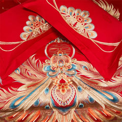 Chinese Style Wedding Gold Dragon Phoenix Embroidery 100S Egyptian Cotton Bedding Set