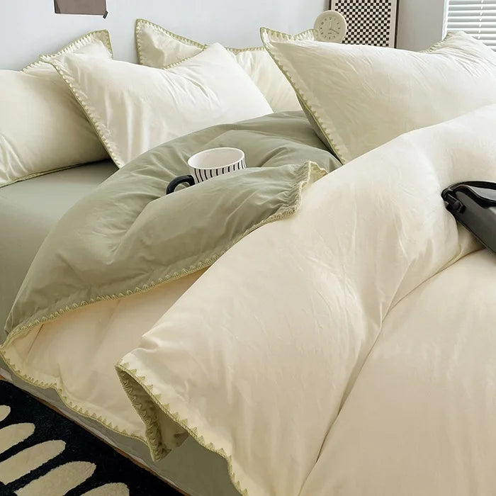 3 Pcs Simple Solid Color Quilt Cover Set with Pillowcases Stitching Design King Queen Size Bedding Set