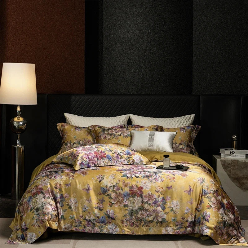 Luxury Blooming Flowers Satin Jacquard 1000TC Egyptian Cotton Bedding Set