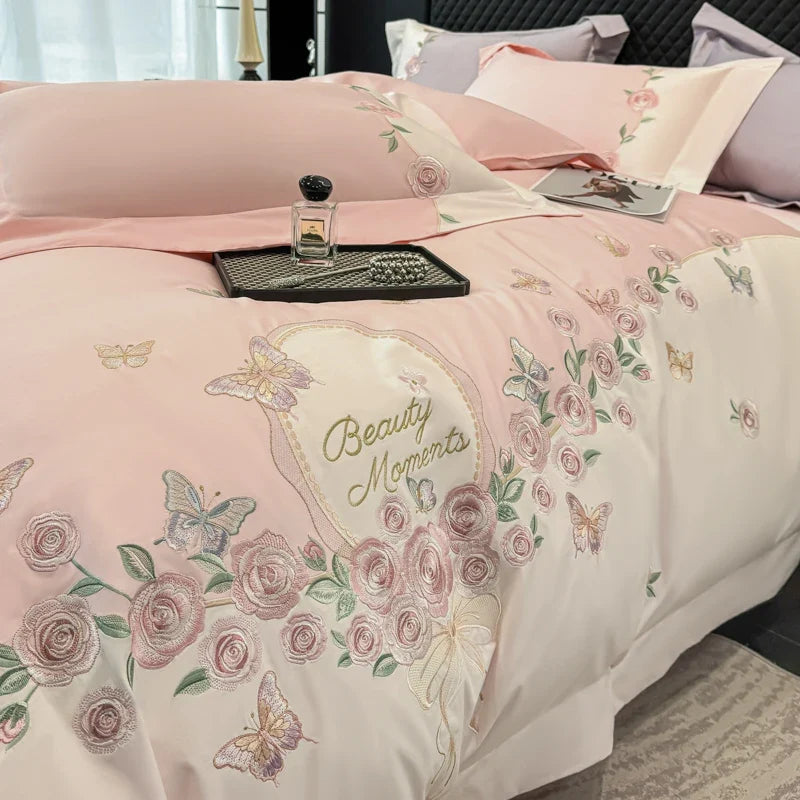 100% Cotton Rose Flowers Butterfly Embroidery Bedding Set