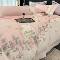 100% Cotton Rose Flowers Butterfly Embroidery Bedding Set