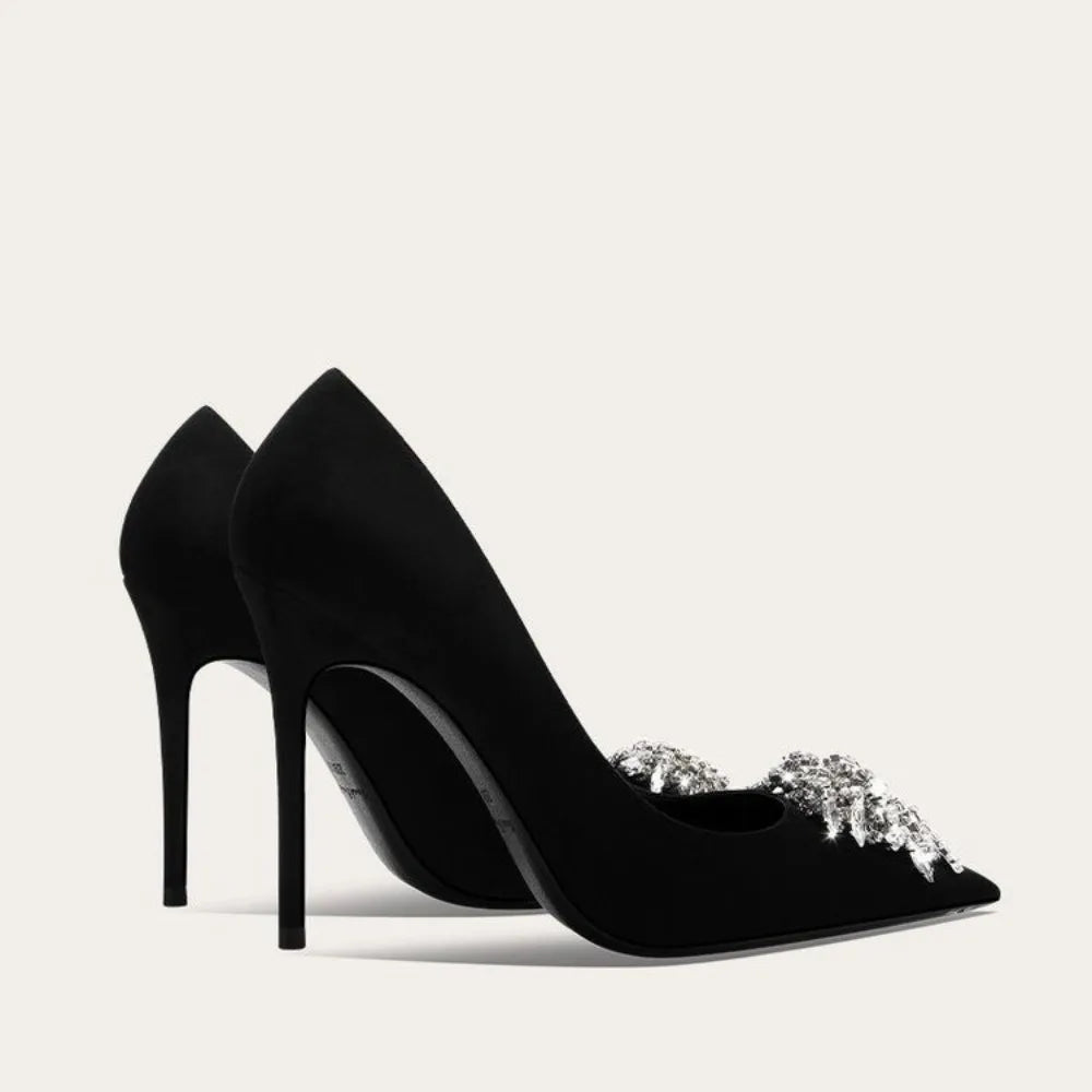 A Niche Design Sense French Low-heeled High Shoe for Women with Tassels Rhinestones Pointed Tips and Thin Heels